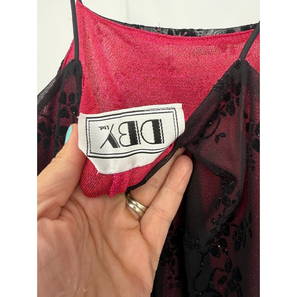 DBY Ltd Y2K Hot Pink Glitter Mesh Maxi Slip Dress Black Flocked Floral Goth Prom - Picture 5 of 9